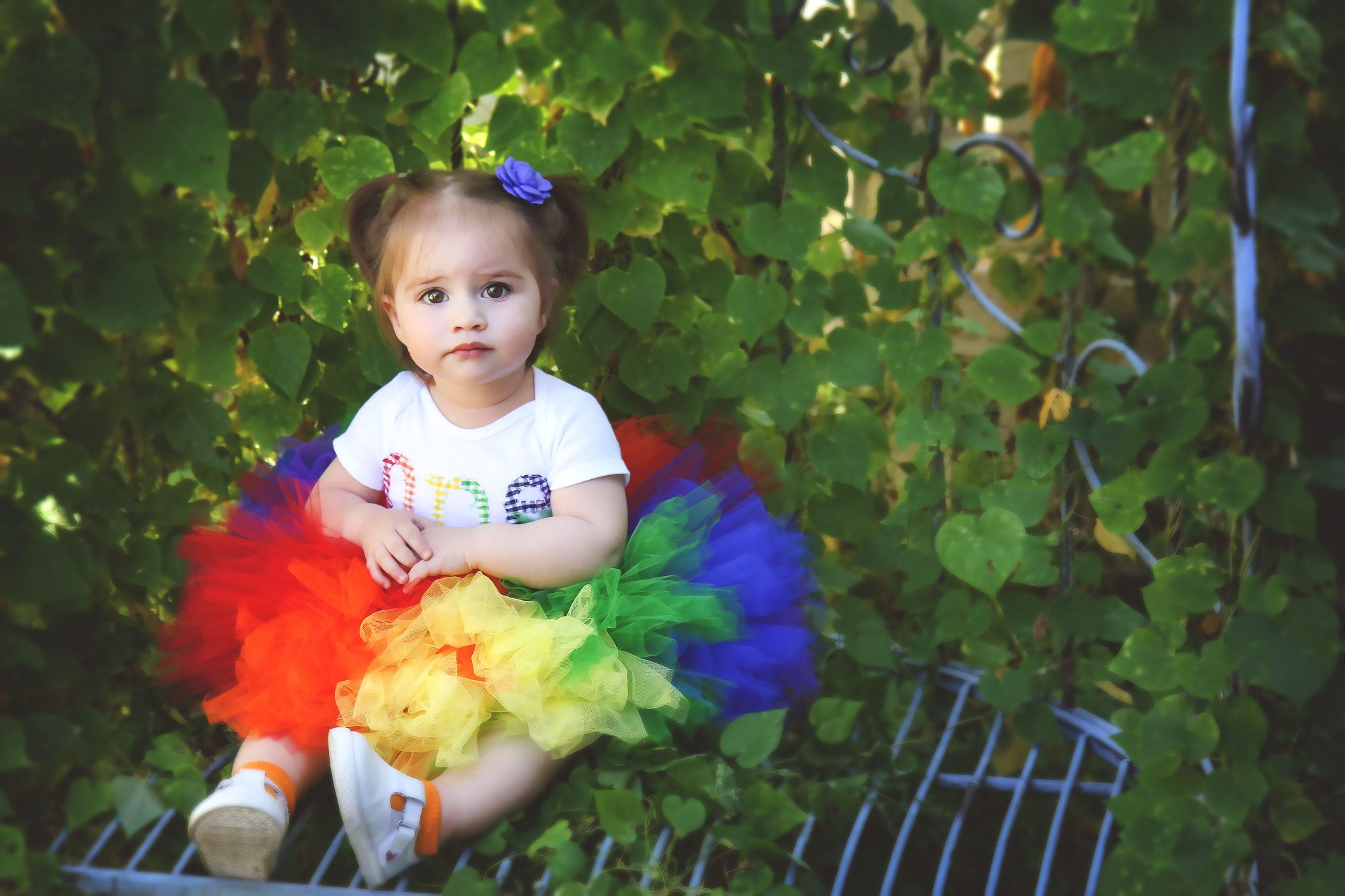 One year old child wears a rainbow tutu and sits near morning glories